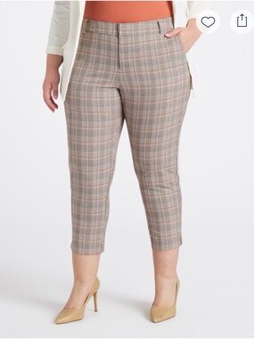 Liverpool Taupe Plaid Straight-Leg Crop Pants